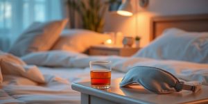 Calm bedroom with tea and a sleep mask on table.