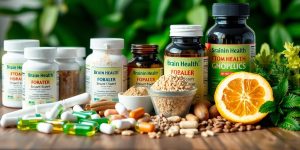 Colorful brain health supplements on a wooden surface.