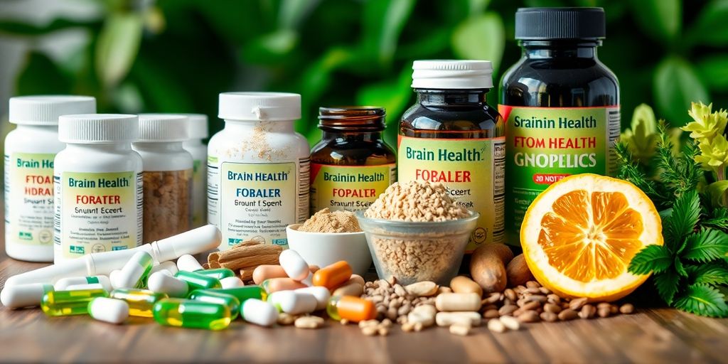 Colorful brain health supplements on a wooden surface.