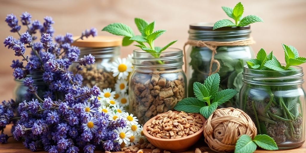 Assortment of herbs for stress relief and relaxation.