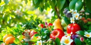 Colorful spring produce and herbs for immune health.