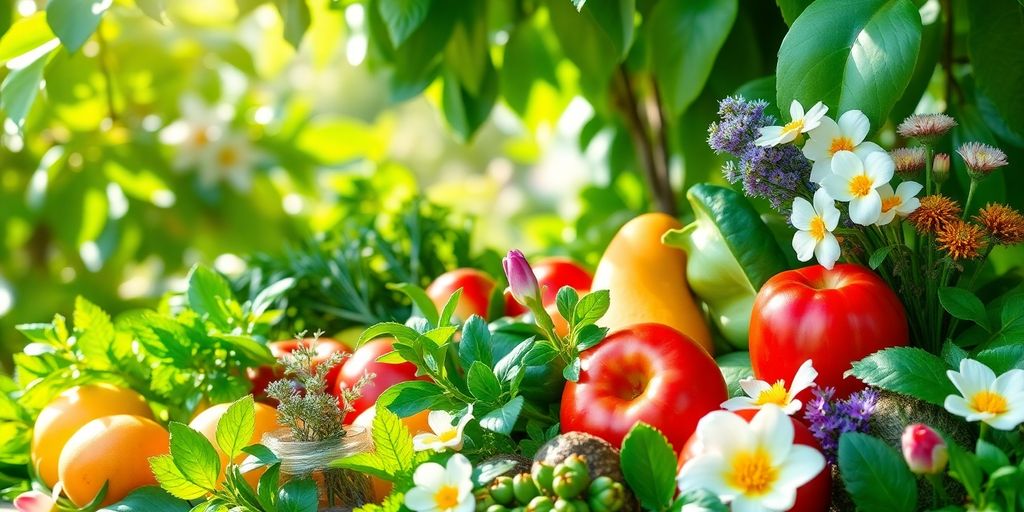 Colorful spring produce and herbs for immune health.